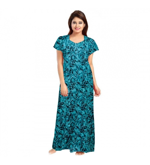 Women's Cotton Printed Maxi Nighty (Blue)