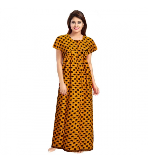 Women's Cotton Printed Maxi Nighty (Mustard)