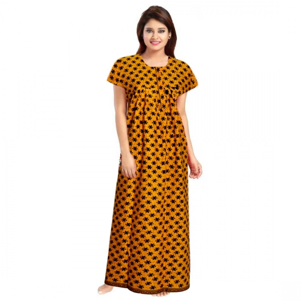 Dropship Women's Cotton Printed Maxi Nighty (Mustard)