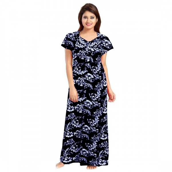 Dropship Women's Cotton Printed Maxi Nighty (Blue)