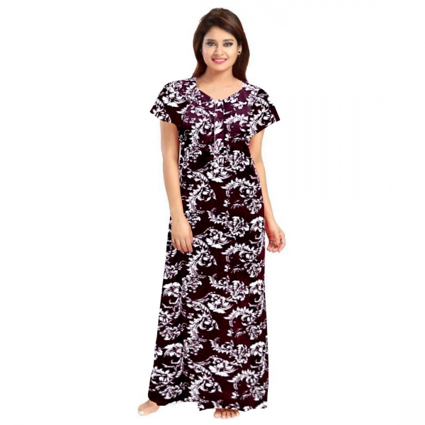 Dropship Women's Cotton Printed Maxi Nighty (Wine)