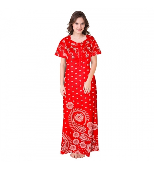 Women's Cotton Printed Maxi Nighty (Red)