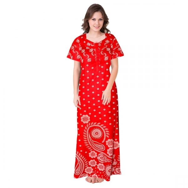 Dropship Women's Cotton Printed Maxi Nighty (Red)