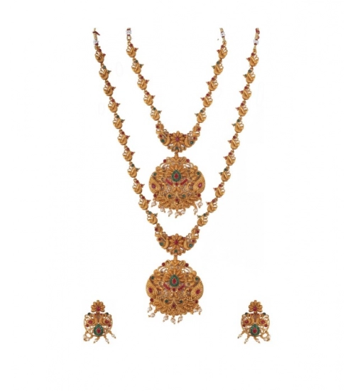 Women's Elegent And Modern Double Line Temple Jewellery Set (Red And Green, Free Size)