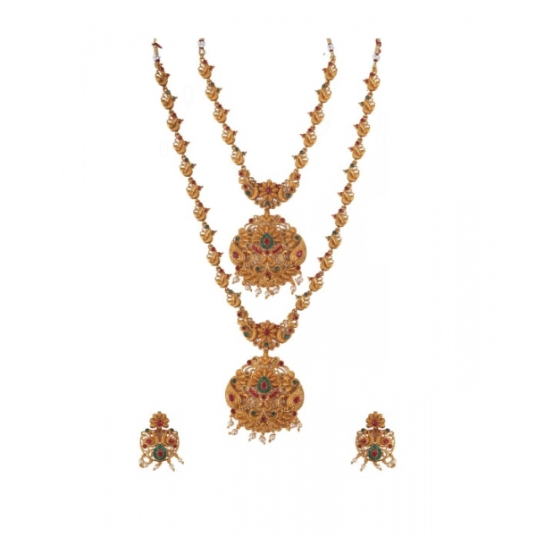 Dropship Women's Elegent And Modern Double Line Temple Jewellery Set (Red And Green, Free Size)