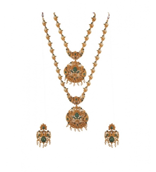 Women's Elegent And Modern Double Line Temple Jewellery Set (Green, Free Size)