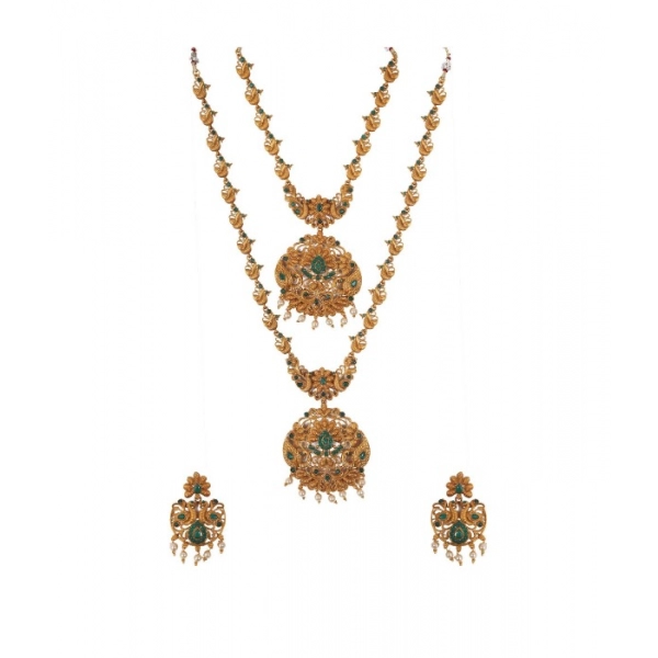 Dropship Women's Elegent And Modern Double Line Temple Jewellery Set (Green, Free Size)