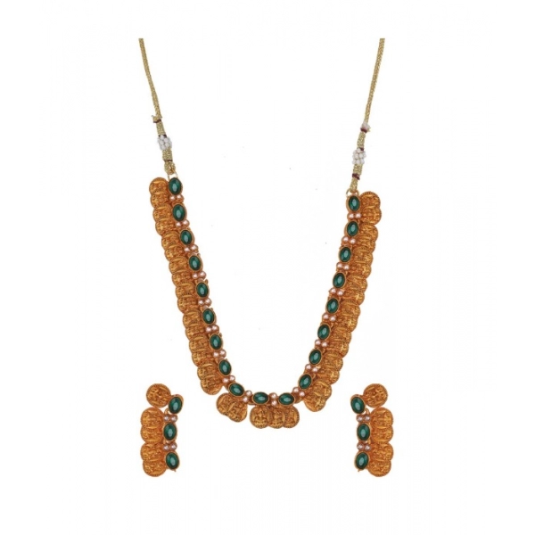 Dropship Women's Elegent Laxmi Coin Shape Jewellery Chowker Set (Green, Free Size)