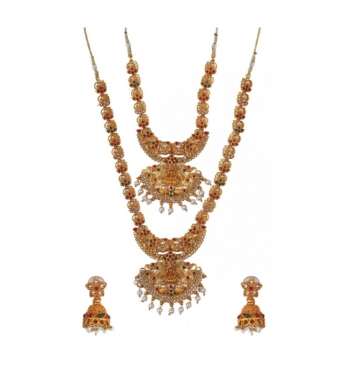 Women's Stunning Temple Jewellery Set (Red And Green, Free Size)