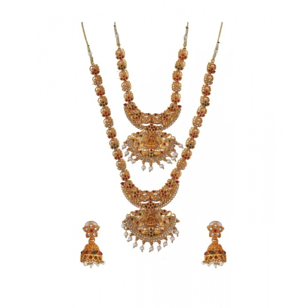 Dropship Women's Stunning Temple Jewellery Set (Red And Green, Free Size)