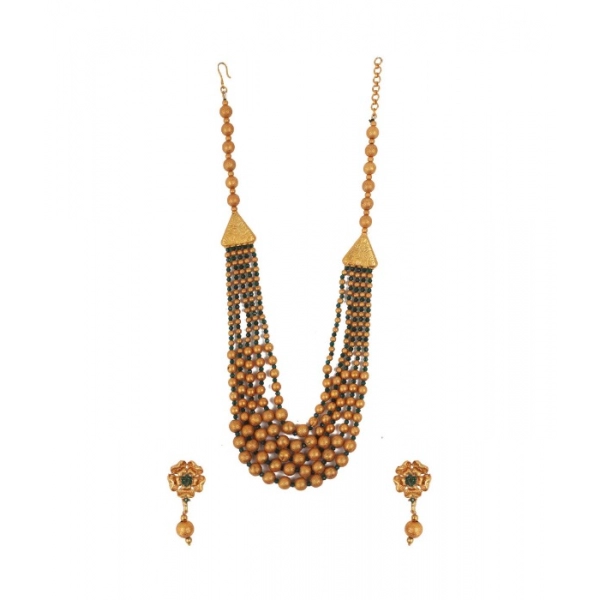Dropship Women's Ethnic Five Layer Brass Mala With Crystal For Women And Girls (Green, Free Size)
