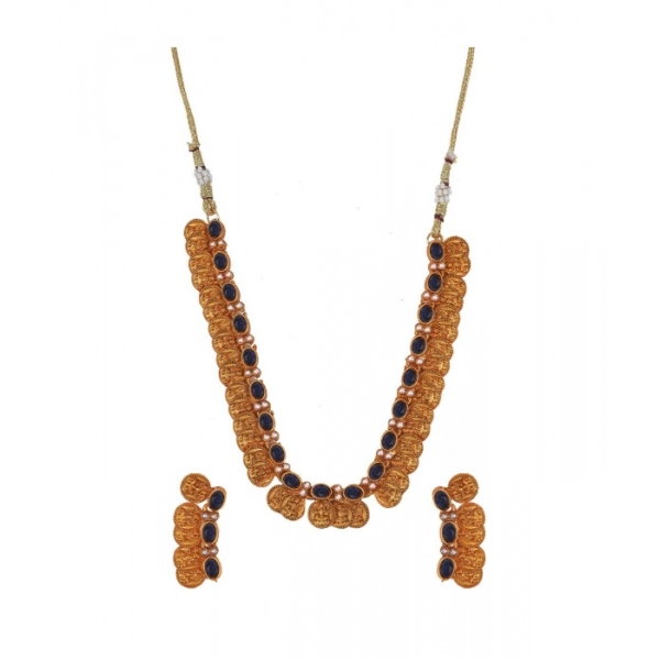Dropship Women's Elegent Laxmi Coin Shape Jewellery Chowker Set (Blue, Free Size)