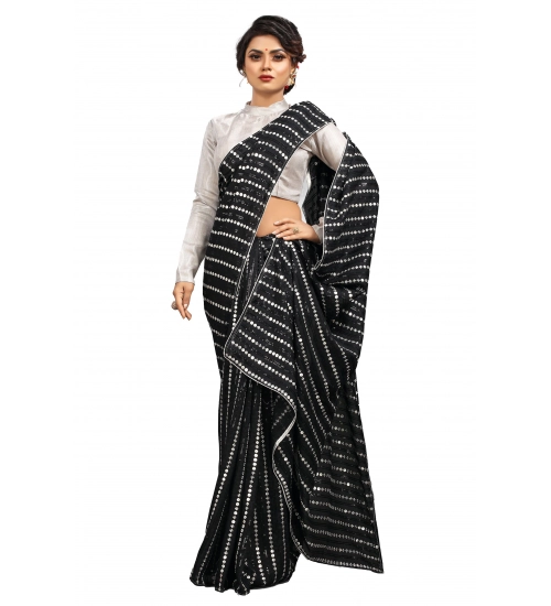 Women's Vichitra Saree with Blouse (Silver, 5-6 Mtrs)