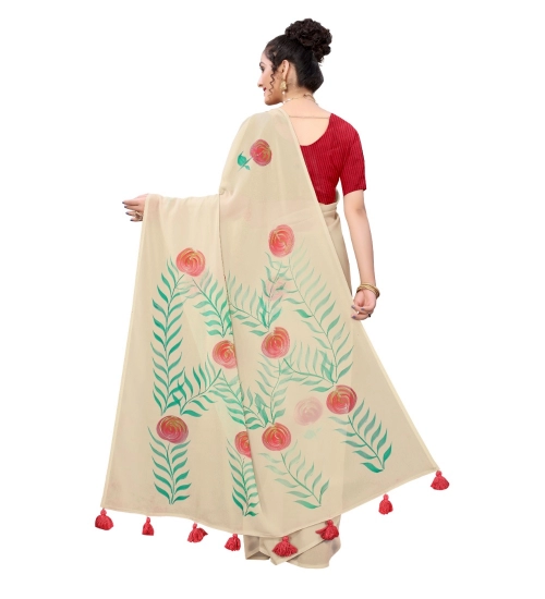 Women's Georgette Floral Hand Printed Sarees (Beige, 5-6 Mtrs)
