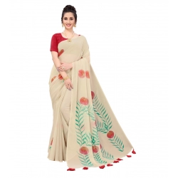 Women's Georgette Floral Hand Printed Sarees (Beige, 5-6 Mtrs)