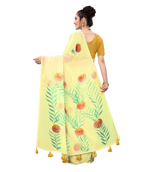 Women's Georgette Floral Hand Printed Sarees (Yellow, 5-6 Mtrs)