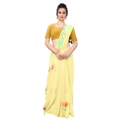 Women's Georgette Floral Hand Printed Sarees (Yellow, 5-6 Mtrs)