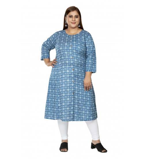 Women's Casual 3/4th Sleeve Regular Printed Pure Cotton Prince Cut A-Line Kurti (Blue)