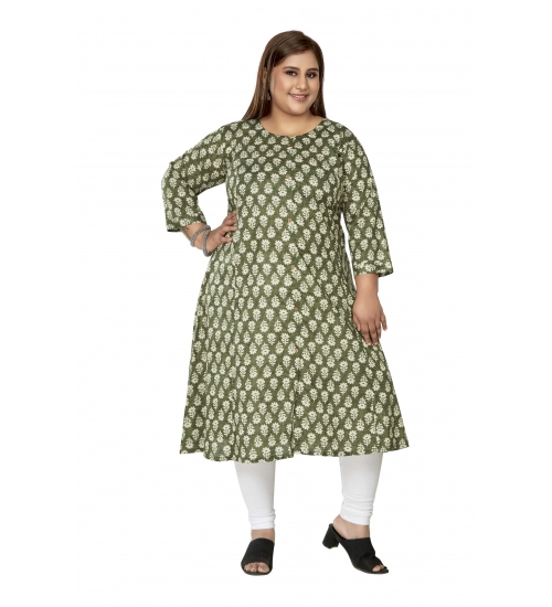 Women's Casual 3/4th Sleeve Printed Pure Cotton Prince Cut A-Line Kurti (Green)
