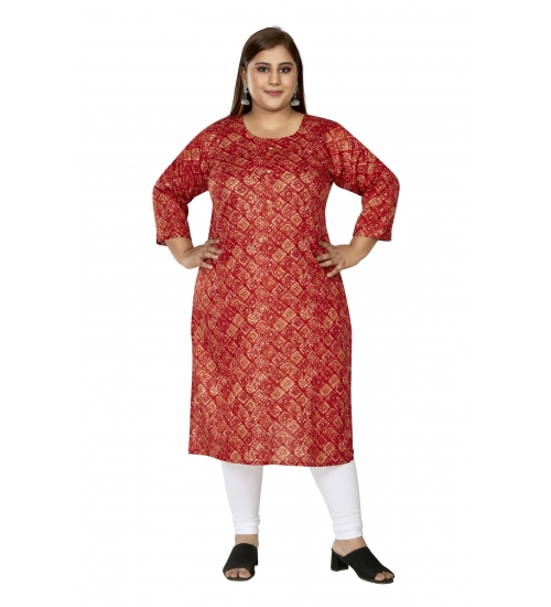 Women's Casual 3/4th Sleeve Golden Foil Printed Capsule Cotton Straight Kurti (Red)
