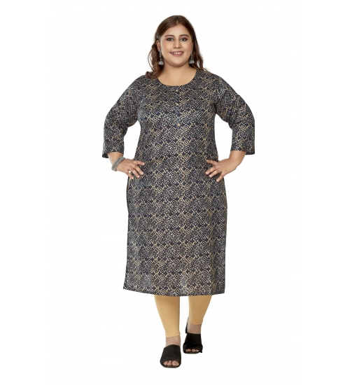 Women's Casual 3/4th Sleeve Golden Foil Printed Capsule Cotton Straight Kurti (Navy Blue)