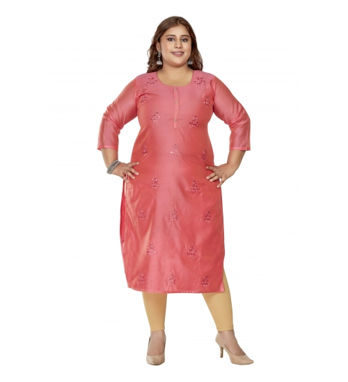 Women's Casual 3/4th Sleeve Mirror Embroided Rayon Straight Kurti (Pink)