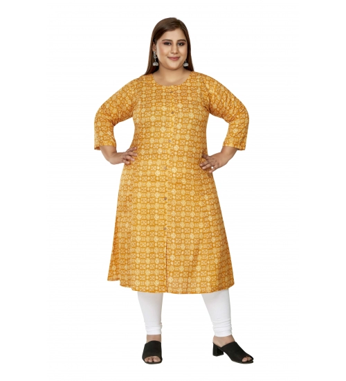 Women's Casual 3/4th Sleeve Regular Printed Pure Cotton Prince Cut A-Line Kurti (Yellow)