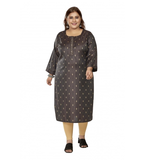 Women's Casual 3/4th Sleeve Golden Embroided Cotton Mix Straight Kurti (Dark Grey)