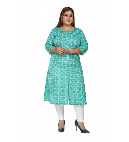 Women's Casual 3/4th Sleeve Regular Printed Pure Cotton Prince Cut A-Line Kurti (Turquoise)