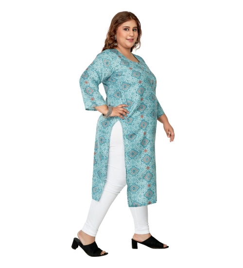 Women's Casual 3/4th Sleeve Golden Foil Printed Rayon Straight Kurti (Blue)