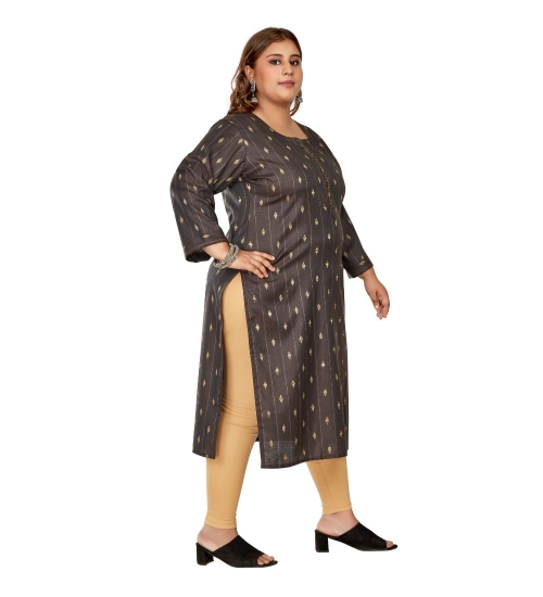 Women's Casual 3/4th Sleeve Golden Embroided Cotton Mix Straight Kurti (Dark Grey)