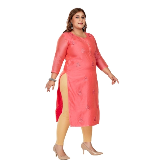 Women's Casual 3/4th Sleeve Mirror Embroided Rayon Straight Kurti (Pink)