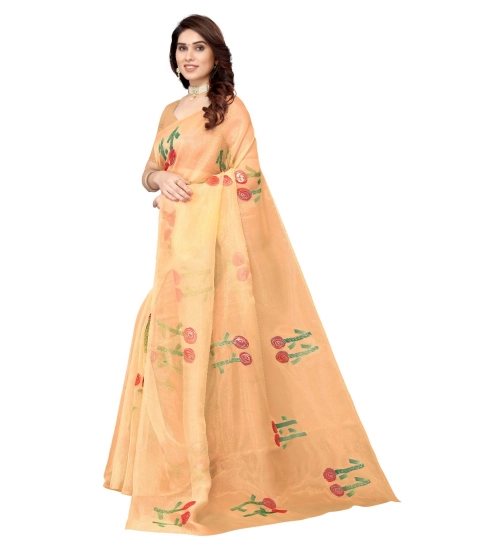 Women's Organza Floral Pattern Sarees (Orange, 5-6 Mtrs)