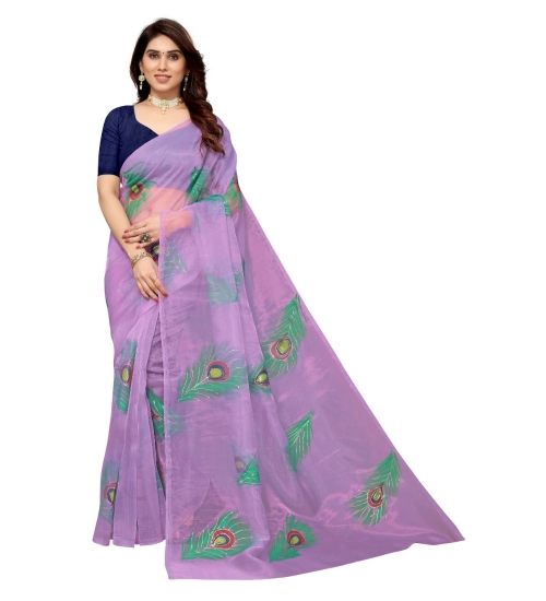 Women's Organza Floral Pattern Sarees (Lavendor, 5-6 Mtrs)