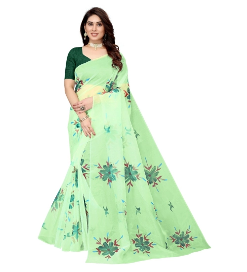 Women's Organza Floral Pattern Sarees (Parrot Green, 5-6 Mtrs)