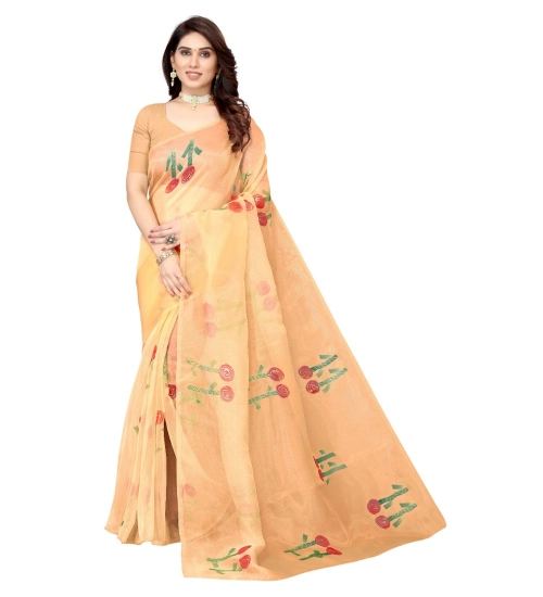 Women's Organza Floral Pattern Sarees (Orange, 5-6 Mtrs)