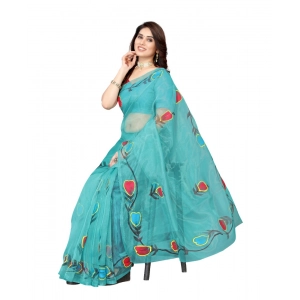 Generic Women's Organza Floral Pattern Sarees (Rama, 5-6 Mtrs)
