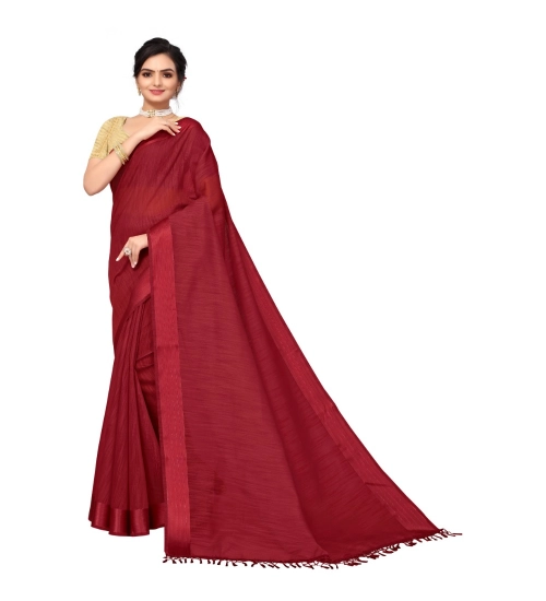 Women's Cotton Blend Stripe Pattern Sarees (Maroon, 5-6 Mtrs)