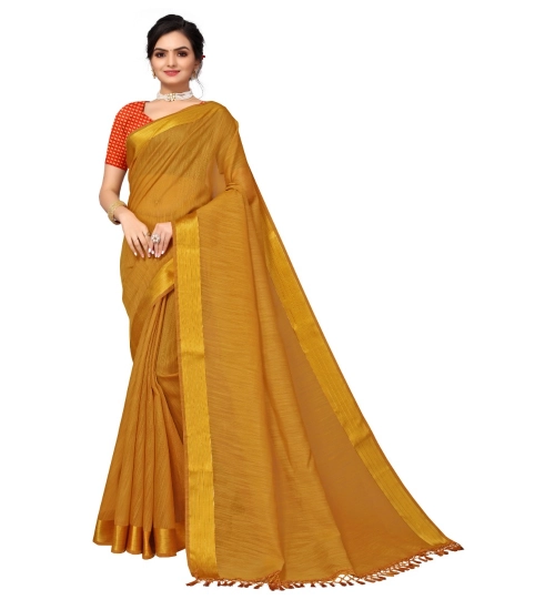 Women's Cotton Blend Stripe Pattern Sarees (Mustard, 5-6 Mtrs)