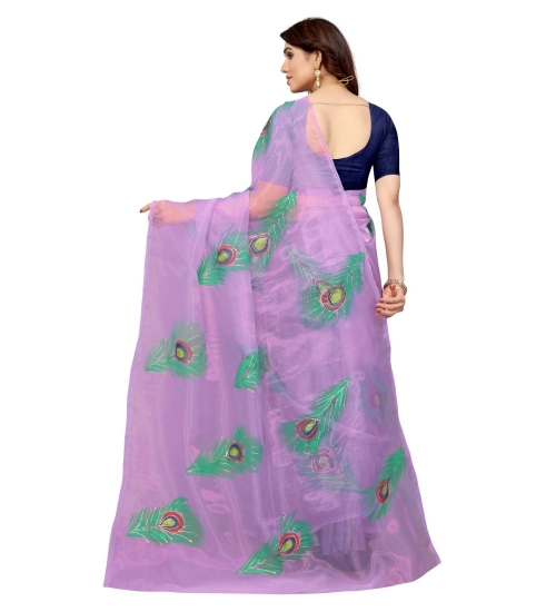 Women's Organza Floral Pattern Sarees (Lavendor, 5-6 Mtrs)