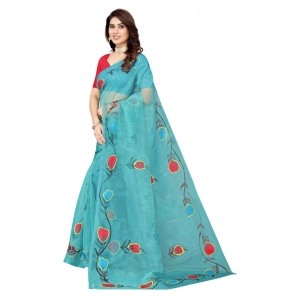 Generic Women's Organza Floral Pattern Sarees (Rama, 5-6 Mtrs)