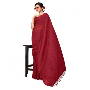 Generic Women's Cotton Blend Stripe Pattern Sarees (Maroon, 5-6 Mtrs)
