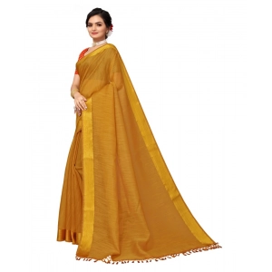 Generic Women's Cotton Blend Stripe Pattern Sarees (Mustard, 5-6 Mtrs)