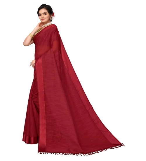 Women's Cotton Blend Stripe Pattern Sarees (Maroon, 5-6 Mtrs)