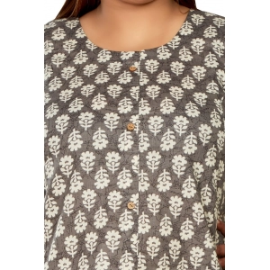 Generic Women's Casual 3/4th Sleeve Printed Pure Cotton Prince Cut A-Line Kurti (Grey)