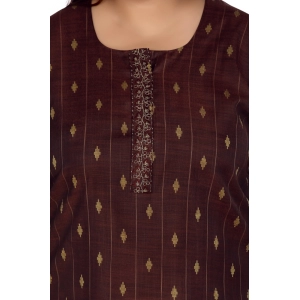 Generic Women's Casual 3/4th Sleeve Cotton Mix Golden Embroidered Straight Kurti (Maroon)