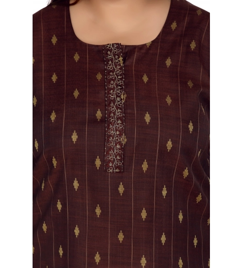 Women's Casual 3/4th Sleeve Cotton Mix Golden Embroidered Straight Kurti (Maroon)