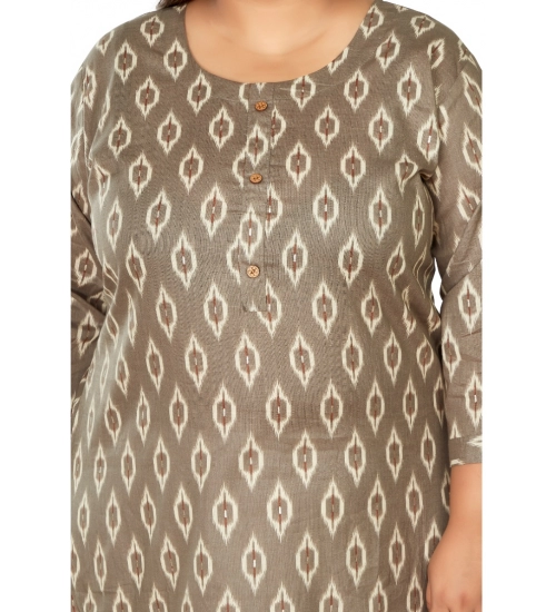 Women's Casual 3/4th Sleeve Pure Cotton Ikkat Printed Straight Kurti (Dark Grey)