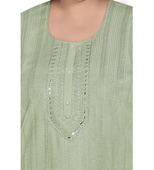 Women's Casual 3/4th Sleeve Imported Fabric Self Embroidered Straight Kurti With Lining (Pista Green)