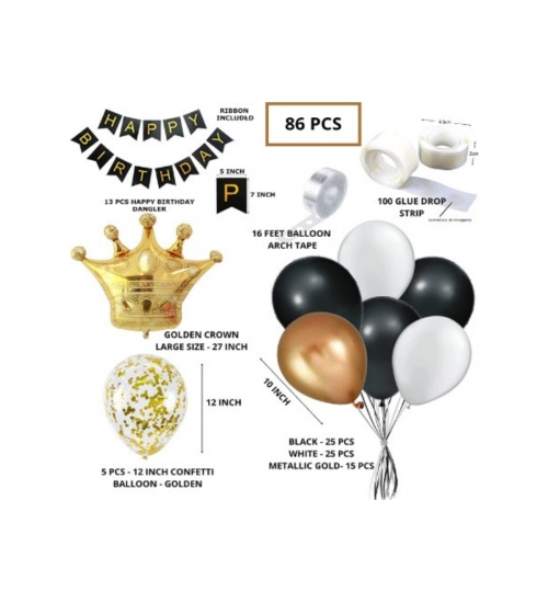 Black Gold Birthday Party Decoration Set Of Banner And Balloons (Multicolor)